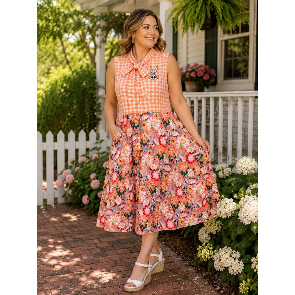Looney Tunes X Unique Vintage Bugs Bunny Dress 3X 20 Floral Gingham Bow Cottage